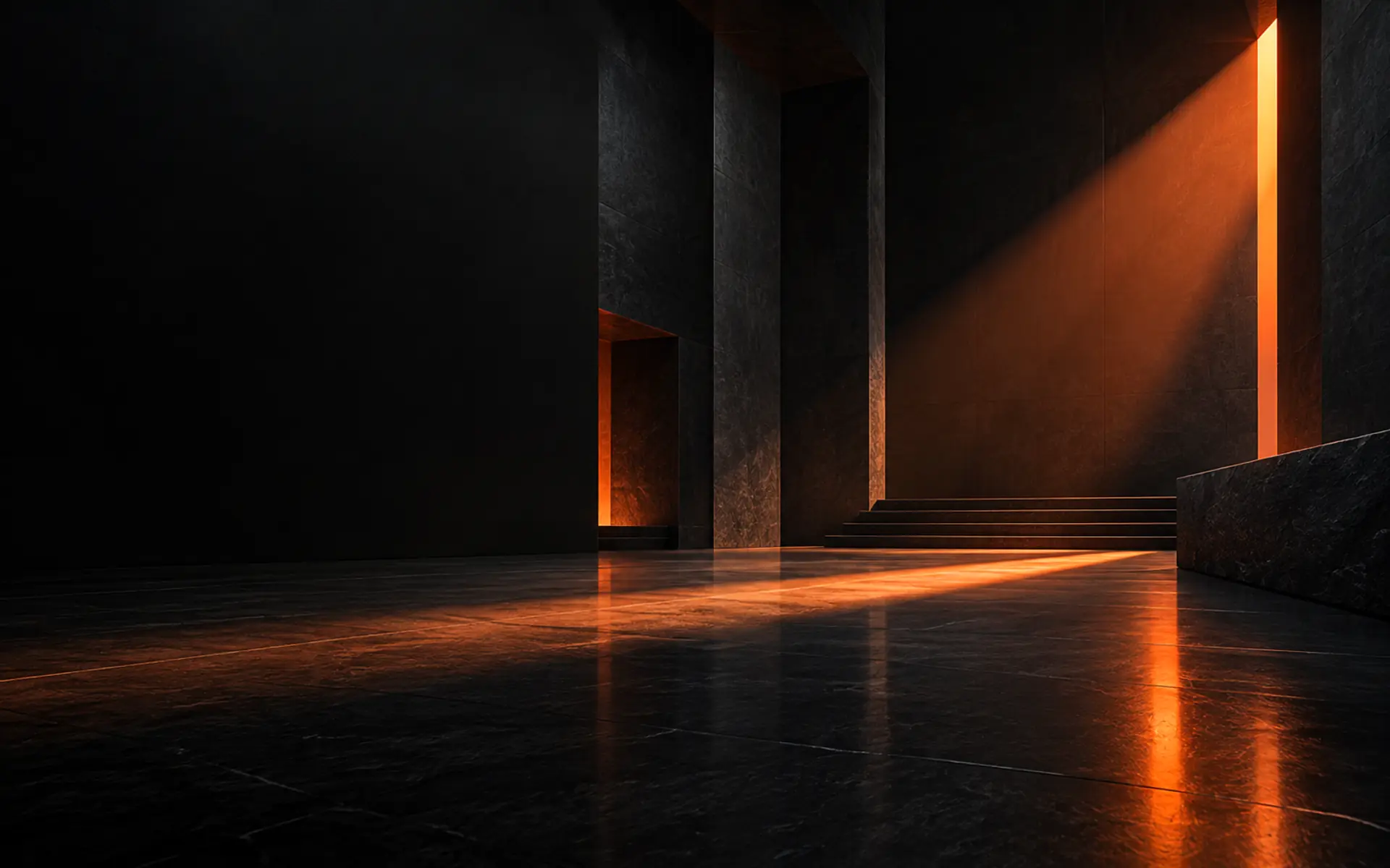 Dark stone hall with a single beam of ember light across the floor